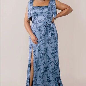 Revelry Stevie Satin Indie Blue Bouquet Floral Dress